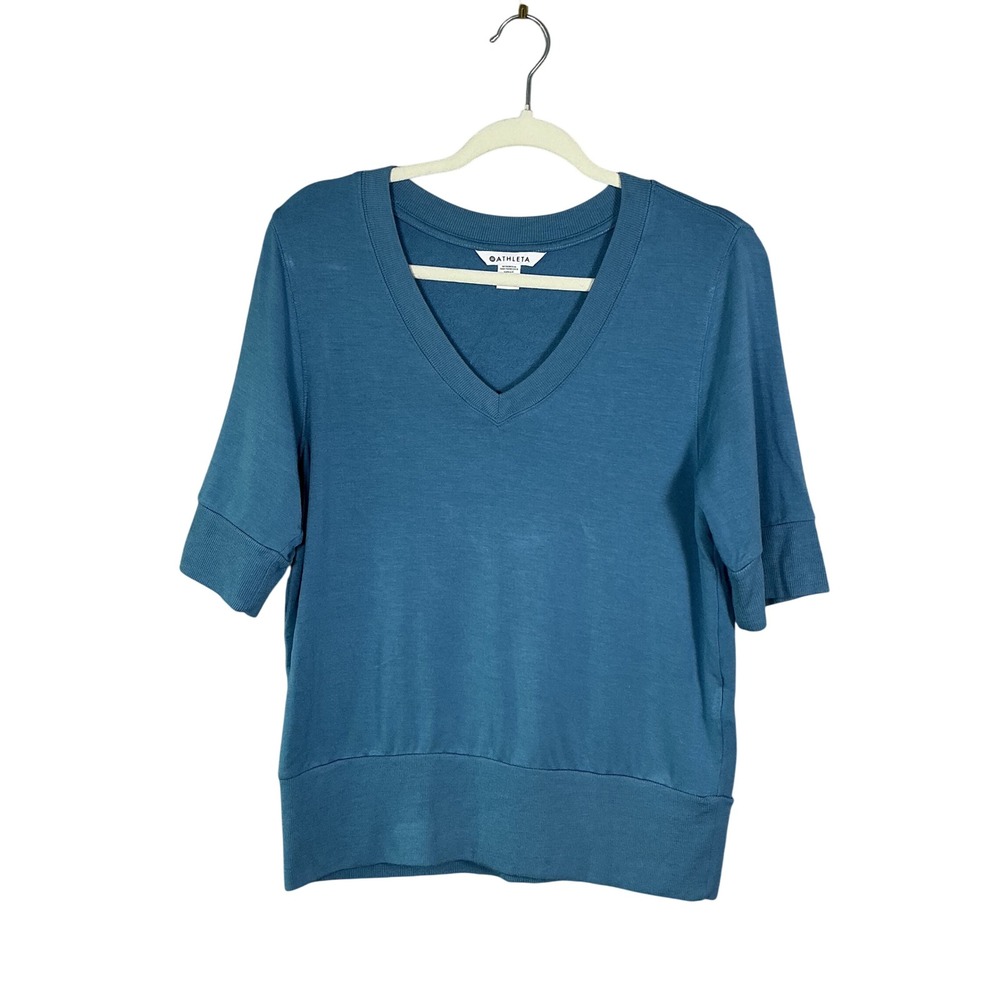 Athleta Step Forward Swestshirt In Skylark Blue V-Neck Short Sleeve Size M